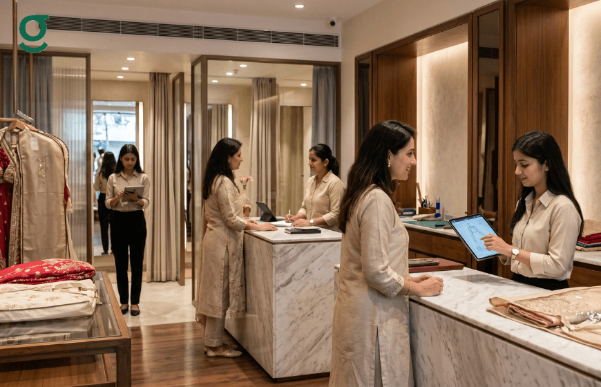 Staff using tailoring software on tablets to manage customer fittings and garment orders inside a modern tailoring boutique
