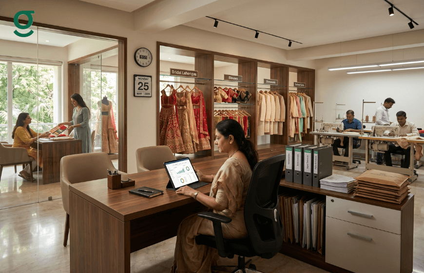 Boutique manager using tailoring software to oversee orders, production and customer workflow.