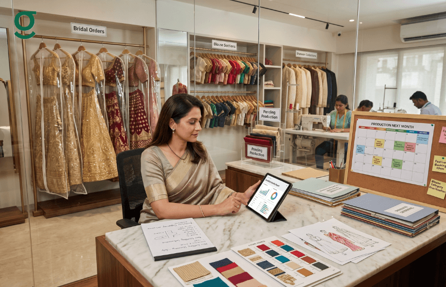 Woman using tailoring software to track boutique production and customer orders.