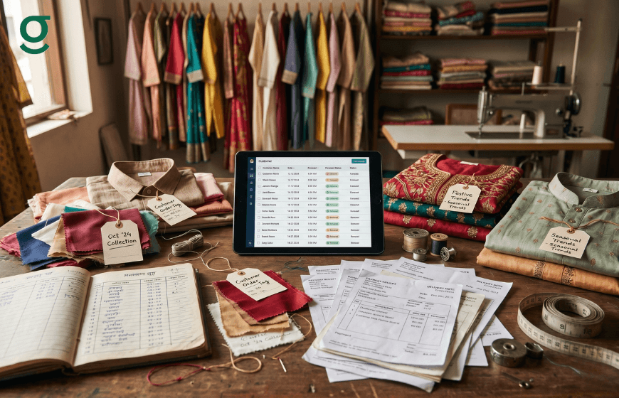 Tailoring Software managing customer orders, fabric tracking, and garment records in a modern tailoring workspace.