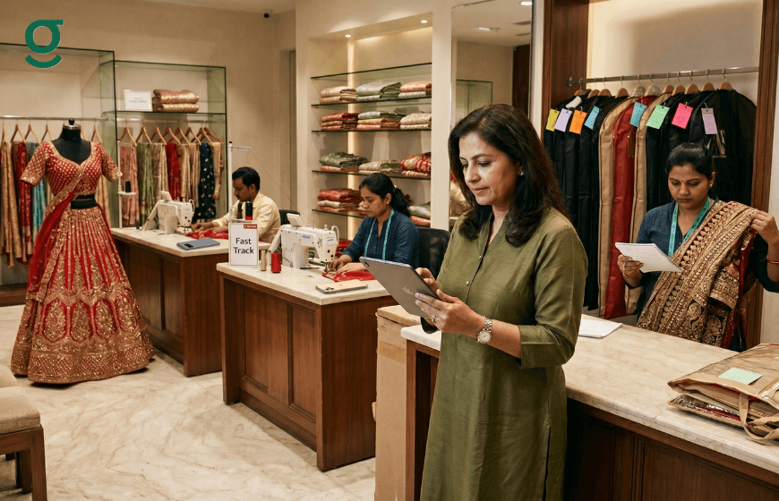 Boutique owner managing tailoring software workflow and customer orders.