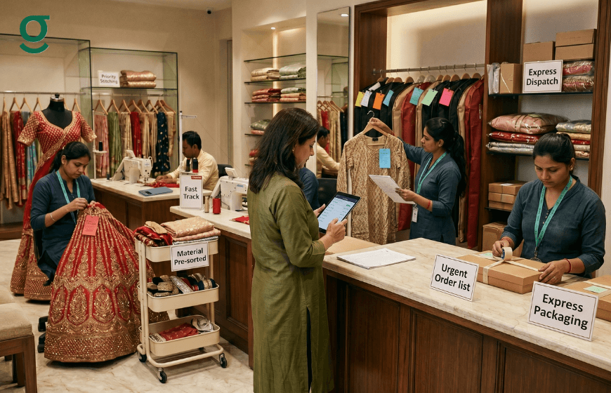 Boutique staff managing orders and dispatch with tailoring software.