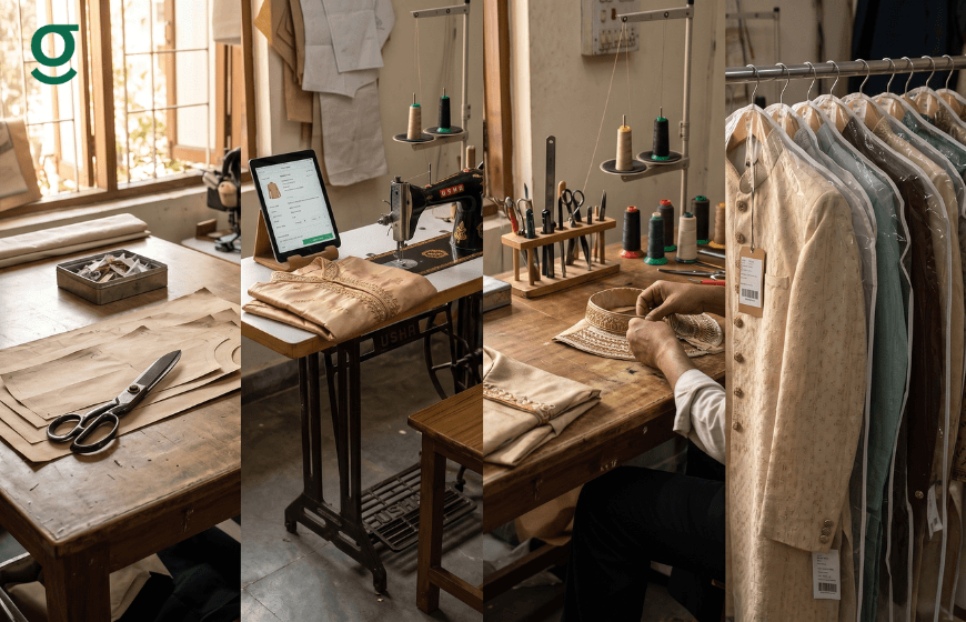 Tailoring software managing garment production, stitching and custom outfit tracking.