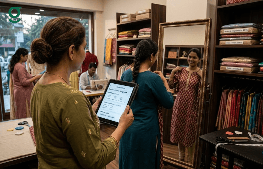 Tailoring Software helping staff manage customer fittings and garment orders inside a tailoring shop.