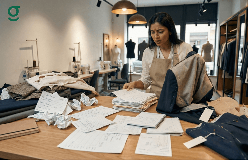 Tailor struggling with paperwork and orders without Tailoring Software in a busy boutique