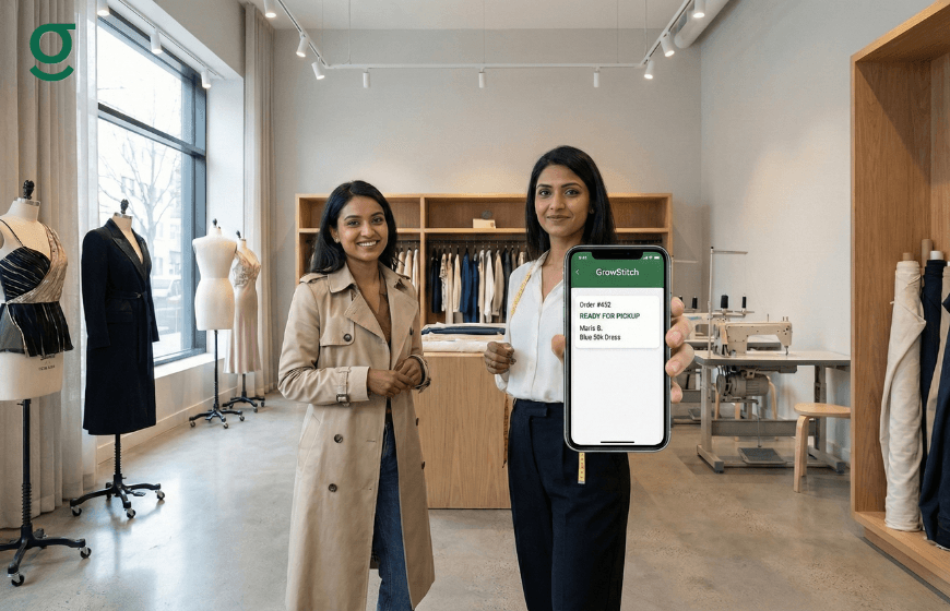 Boutique staff showing order status on a mobile using Tailoring Software inside a modern studio