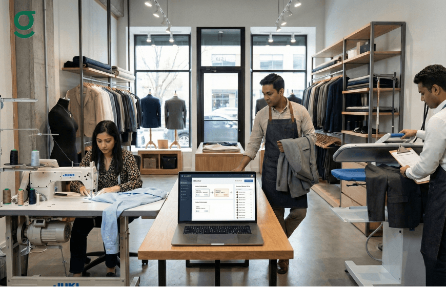 Boutique staff tracking stitching progress and orders with Tailoring Software in a tailoring studio