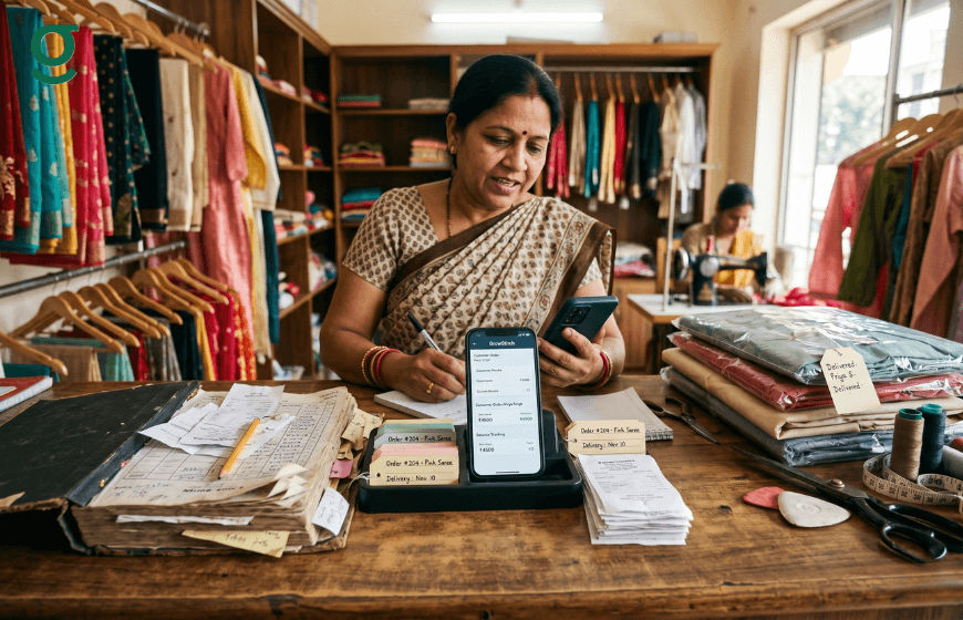 Boutique owner using a digital boutique bill book app to manage tailoring orders and payments.