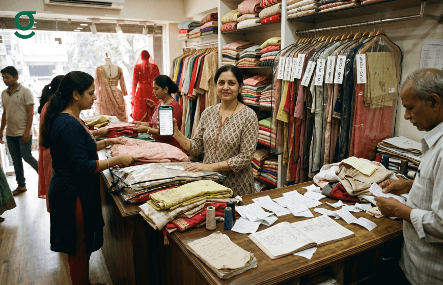 Boutique staff using a digital boutique bill book to manage garment orders, payments and receipts.