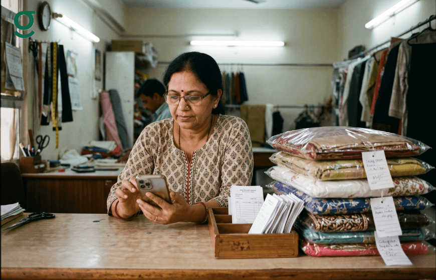 Tailor app helping a boutique owner manage orders, fabrics, and customer records.