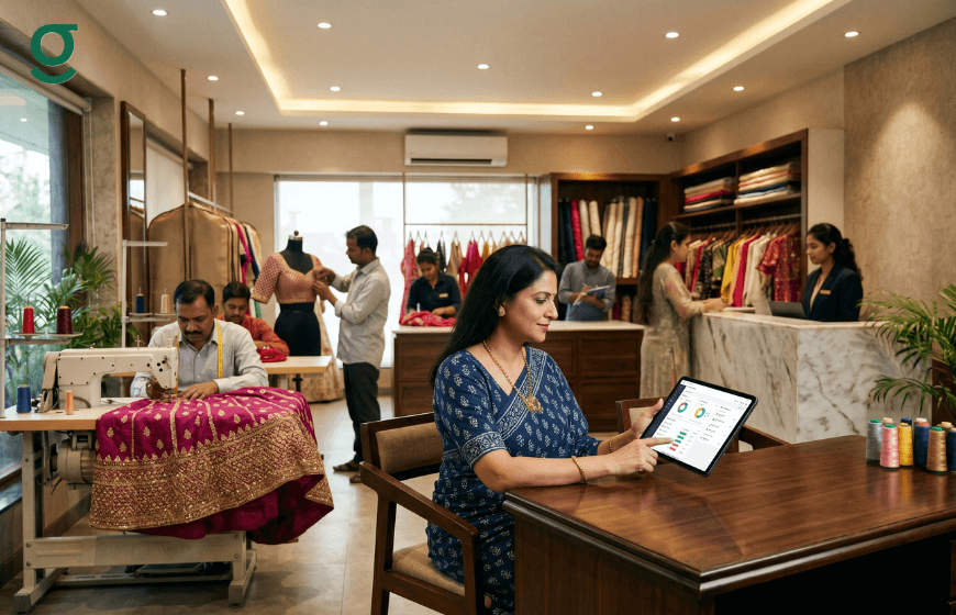 Boutique owner using a tailor app to track stitching progress and customer orders.