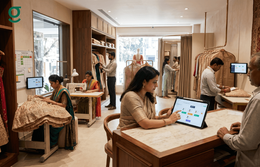Boutique staff using a tailor app to manage stitching, fittings, and customer orders.