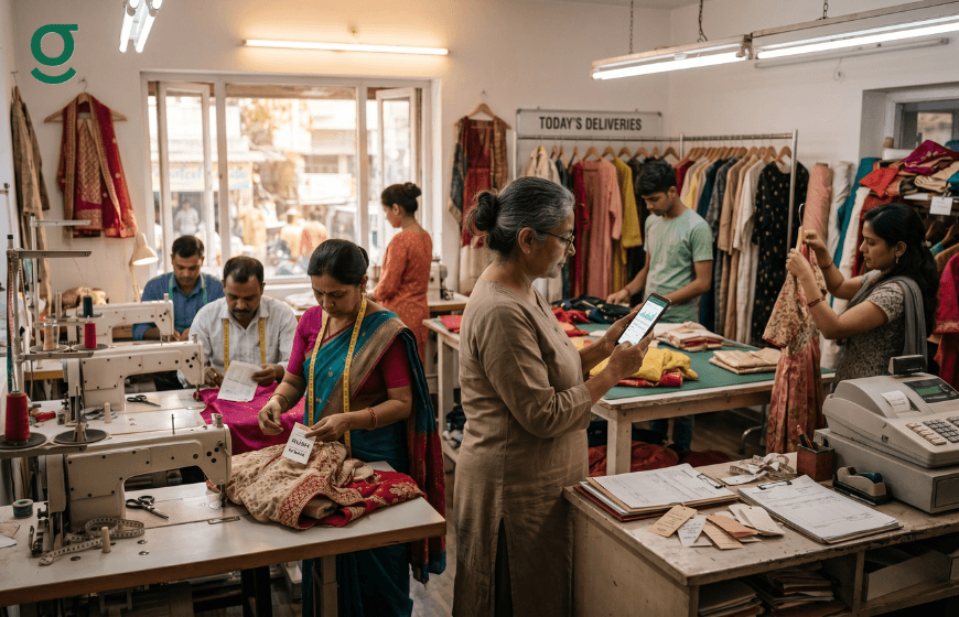 Tailor app in use inside a busy tailoring workshop with staff managing garments, orders, and deliveries.