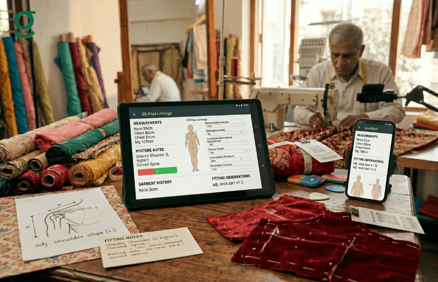 Tailor measurements app displaying body sizing, fitting notes, and garment details.