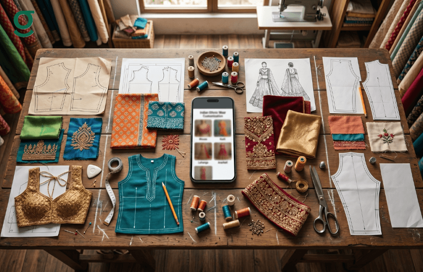 Flat lay of fabrics and sewing patterns with a tailor measurements app for custom clothing design.