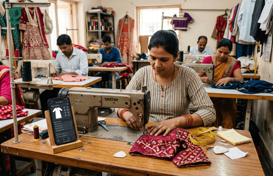 Tailor using a tailor measurements app while sewing garments in a busy workshop.