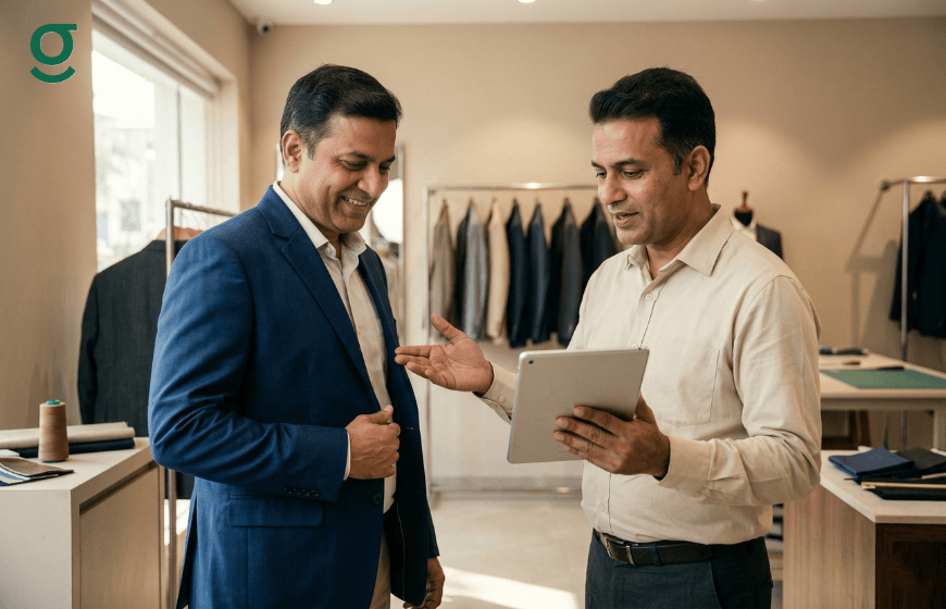 Tailor measurements app used by staff to review customer details in a boutique.