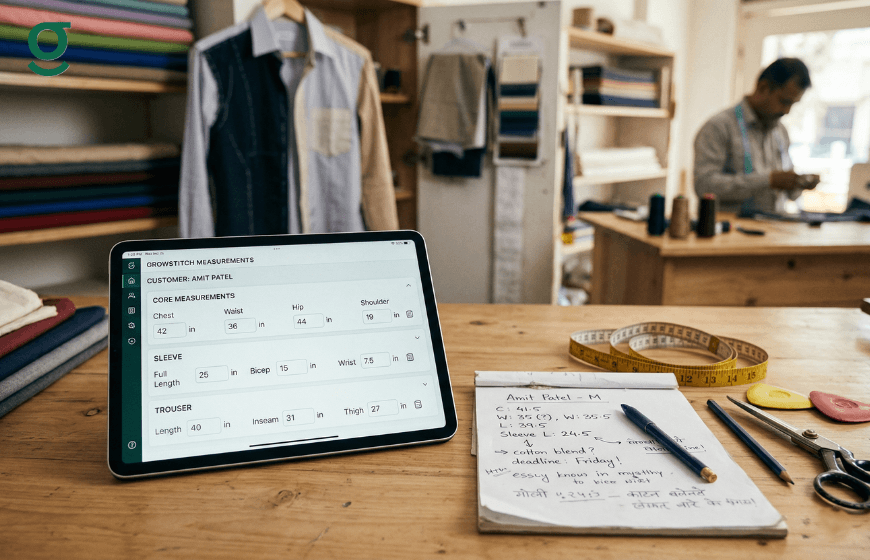 Tailor measurements app on a tablet beside handwritten notes and tools in a boutique workspace.