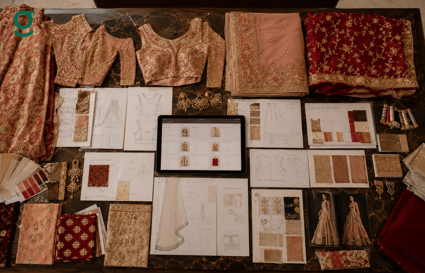 Tailoring application displaying bridal fashion designs, fabrics, and sketches.