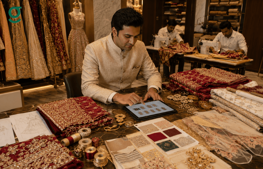Tailoring application expert selecting luxury fabric designs on a tablet.
