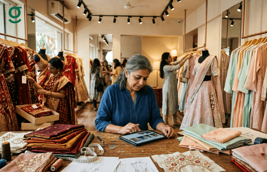 Designer managing fabric selections and orders in a tailoring application boutique.