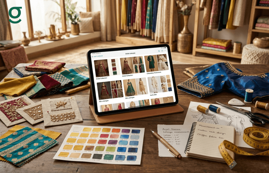 Tablet displaying outfit catalog in a tailoring application workspace with fabrics and design tools.