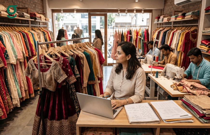 Tailoring application in a boutique workspace with staff tracking orders while garments and sewing work are in progress