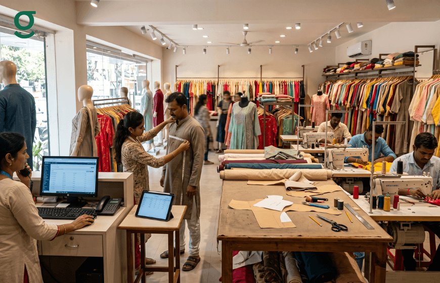 Tailoring application used in a busy tailor shop with staff measuring a customer and managing garment production
