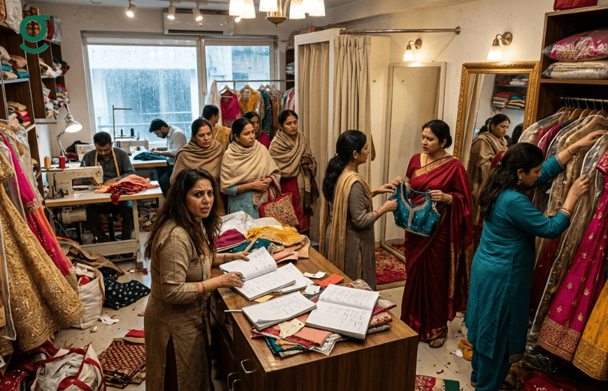 Busy boutique staff coordinating customer fittings and orders with a tailoring application.