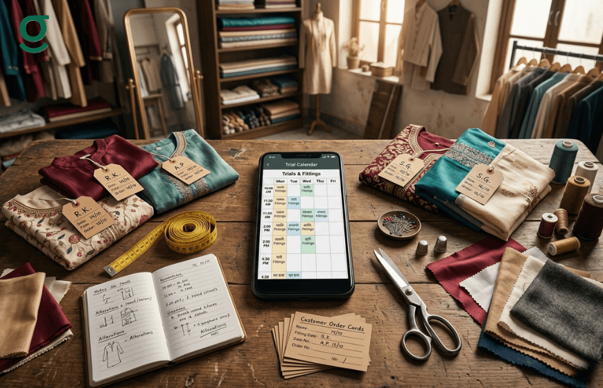 Tailoring application displaying fitting schedules and customer orders alongside fabrics and tailoring tools.