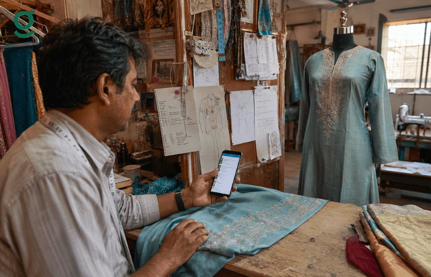 Tailor reviewing garment details on a mobile tailoring application in a boutique.