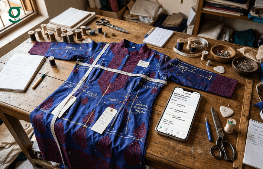 Garment measurements and order tracking displayed in a tailoring application workspace.