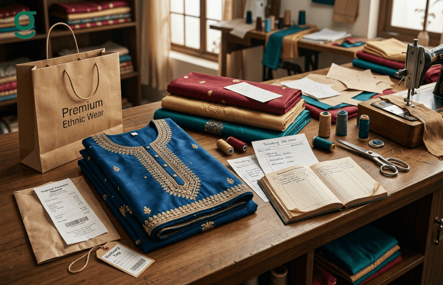 Tailoring application workspace with ethnic wear fabrics, sewing tools, and order management records on a tailoring table.