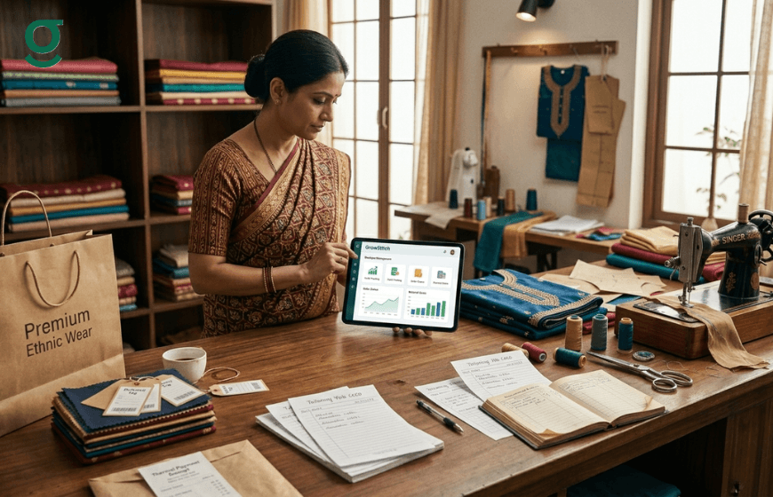 Woman using a tailoring application in a fabric workshop to manage orders and track business data.
