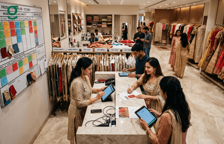 Tailoring application streamlining customer orders, fabric selection, and production workflow in a fashion boutique.