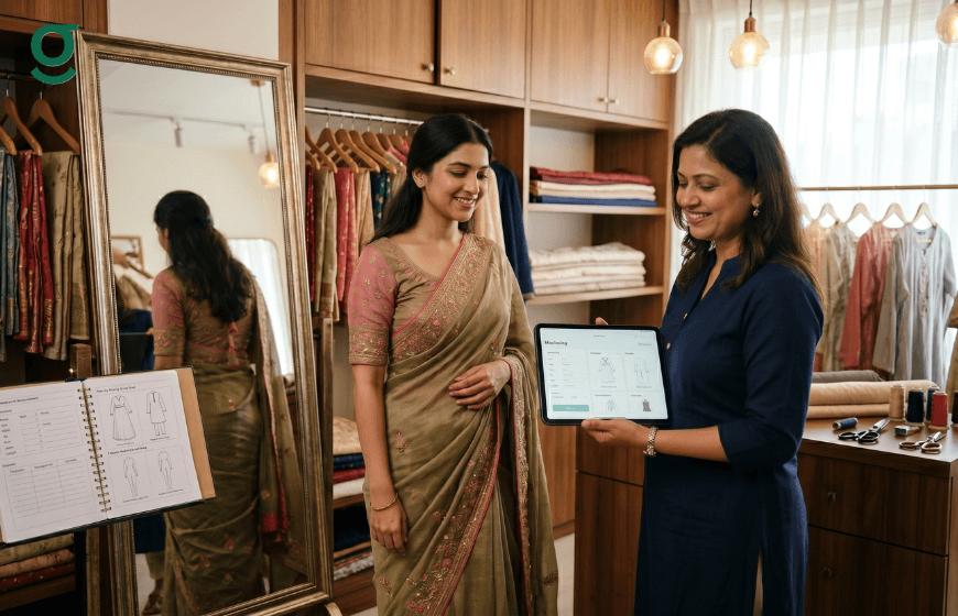 AI tailor app India helping boutiques manage custom designs and client measurements.