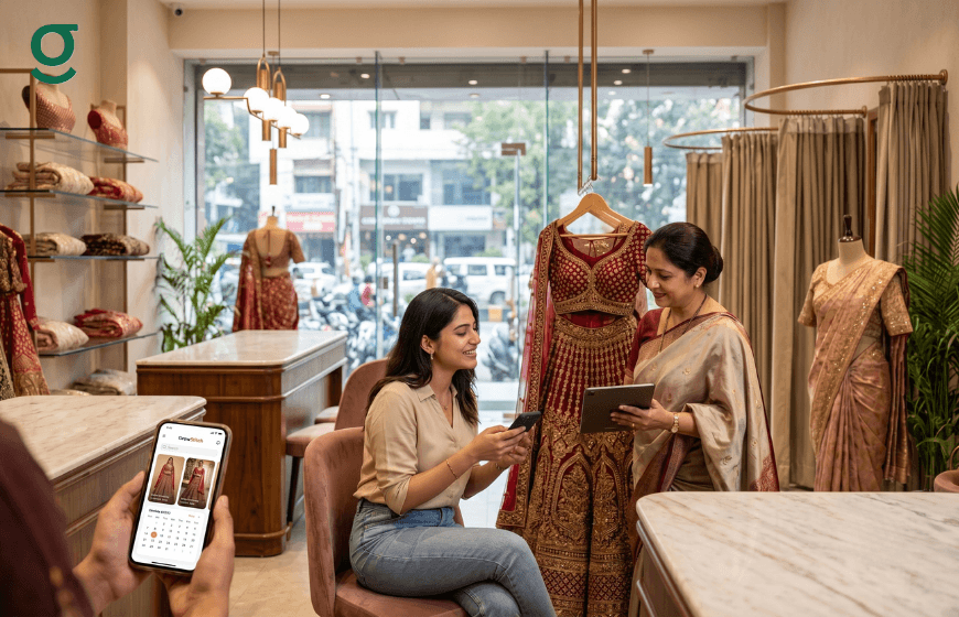 Customer using an online tailor app to consult with a boutique designer for custom ethnic wear.