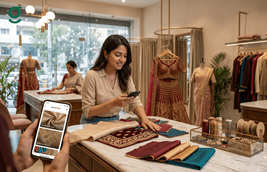 Woman using an online tailor app to choose fabrics and custom ethnic wear in a boutique.