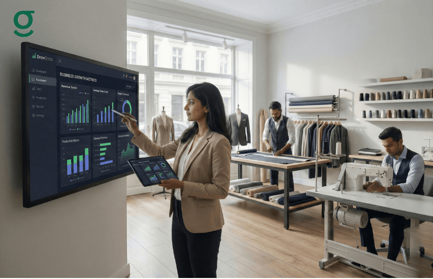 Tailoring Application analytics screen used in a tailoring studio to monitor orders, measurements, and production performance.