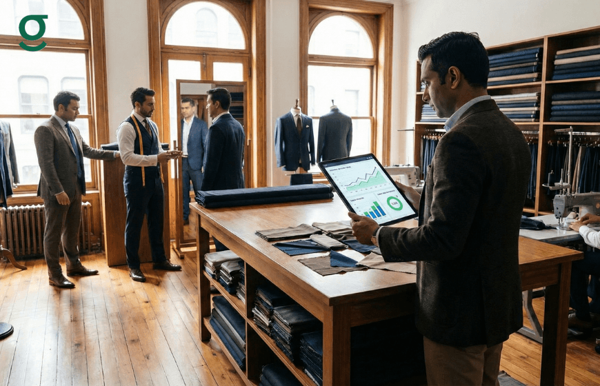 Tailoring Application displayed on a tablet in a professional tailoring studio while staff coordinate custom suit measurements