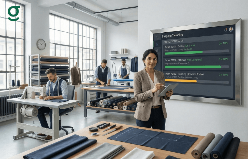 Tailoring Application dashboard displayed in a modern tailoring workshop to track production status, measurements, and fabric workflow.