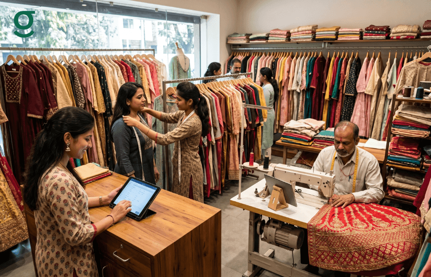 Boutique staff using a tailor measurements app to capture customer measurements and manage fittings