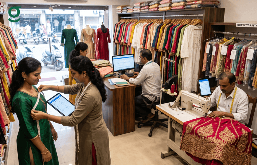 Staff using a tailor measurements app to record customer measurements in a boutique
