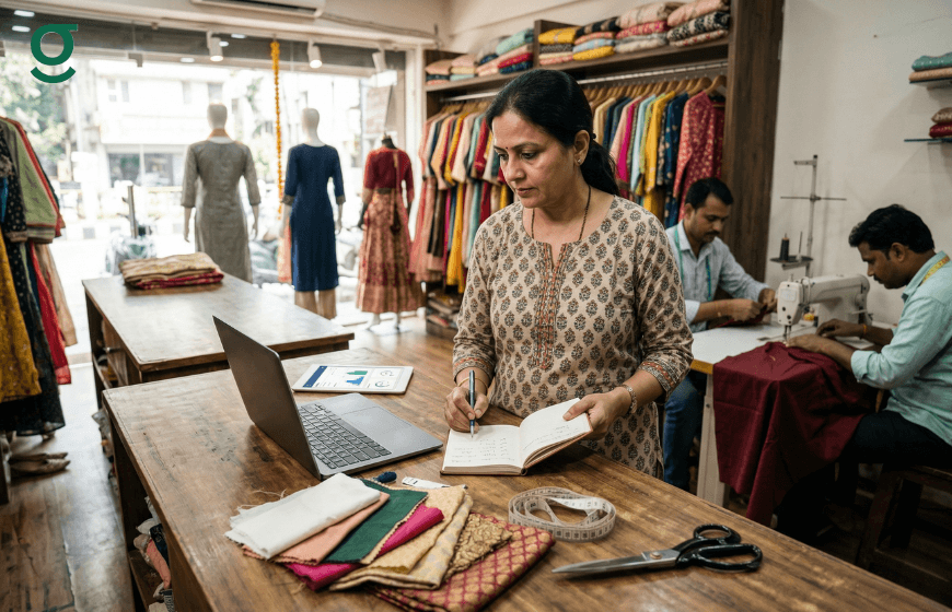 Woman using boutique management software on a laptop while noting orders in a clothing shop with tailors working nearby.