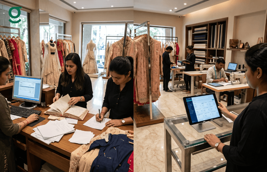 Staff using billing software for cloth shop to manage sales, tailoring, and inventory.