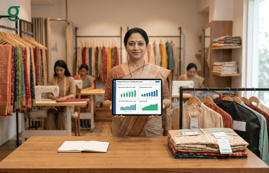 Boutique owner showing business analytics on a tablet using a tailor app inside a tailoring studio.