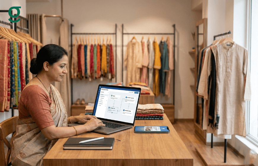 Boutique owner managing orders on a laptop using a tailor app inside a modern tailoring shop.