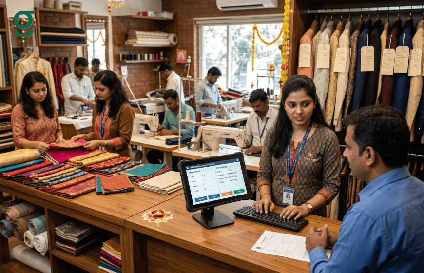 Tailoring software used at boutique counter while staff manage orders and customer measurements