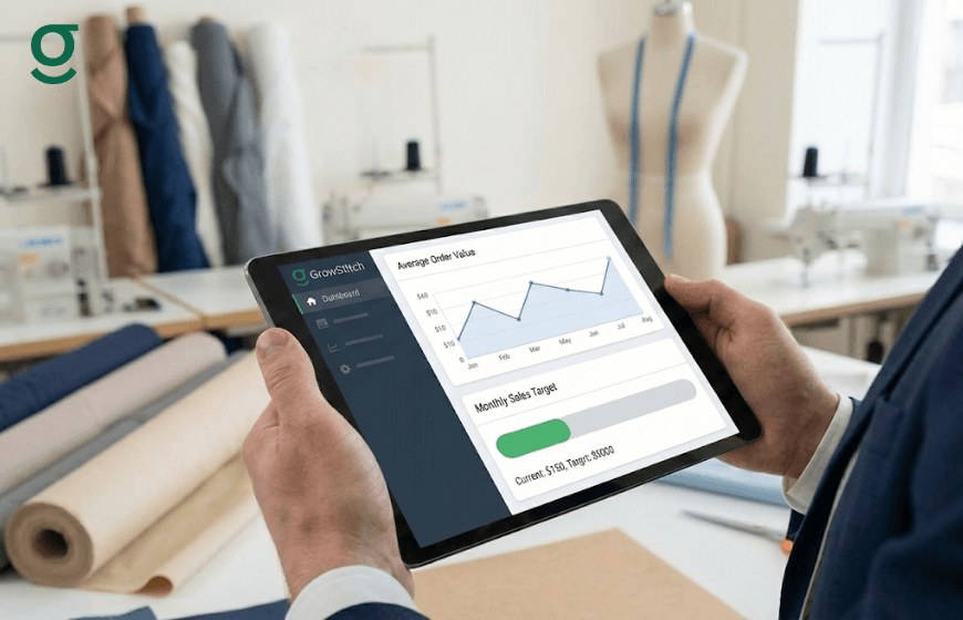 "Hands holding a tablet displaying a tailoring app and boutique management software dashboard inside a professional garment studio."