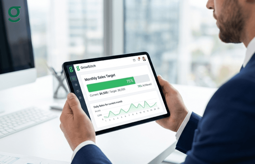 A professional reviewing sales analytics on a tablet using GrowStitch boutique management software and tailoring app.